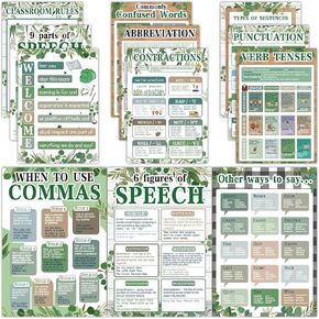 chiazllta 12Pcs Educational English Grammar Poster Classroom Decoration Parts of Speech Chart Posters English Bulletin Board for Teachers Middle High School Supplies Classroom Must Haves(Eucalyptus)