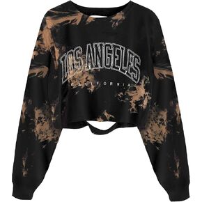 Avanova Women Tie Dye Los Angeles Graphic Ripped Distressed Crop Top Oversized Long Sleeves Sweatshirt