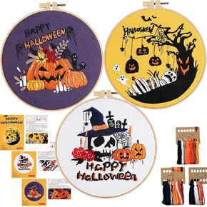 Halloween 3 Set Embroidery Kit DIY for Adult Beginner, Pre-Stamped Patterns Pumpkin Skull Embroidery Kits with Embroidery Hoop, Colored Threads and Needles, Easy to Follow Needlework