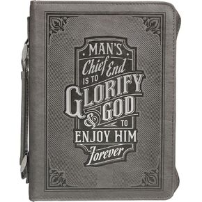 Christian Art Gifts Classic Debossed Vegan Leather Bible Cover for Men & Women: Glorify God Inspirational Easy Carry Book Case, Pockets, Stationery Storage. Pen Loops, Charcoal Gray & Silver, Large
