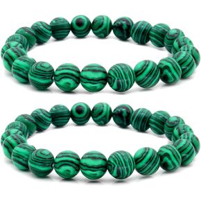 HUJUON 2Pcs Natural Malachite Bracelet Set,Handmade Gemstone Malachite Stone Beaded Stretch Bracelets Yoga Natural Stone Beads Bracelet for Women Men