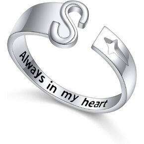 FLYOW 925 Sterling Silver Stacking Initial Letter and Lucky Star Ring Alphabet Adjustable Open Rings Engraved Always in my heart, Great Gift for Women Teens