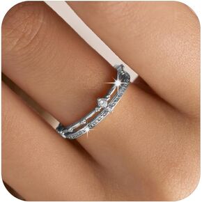 LOVECOM Double Layered Gold Silver Rings for Women Non Tarnish Stackable Rings Dainty Cubic Zirconia Princess Crown Tiara Ring Friendship Dual Band Rings Jewelry Birthday Gifts for Wife