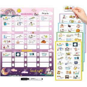 JJPRO Bedtime/Daily/Morning All-in One Routine Chart for Kids,Daily Schedule Board for Toddler, Routine Checklist for Kids at Home,Large Routine Chart for Non-Magnetic Fridge-Outer Space