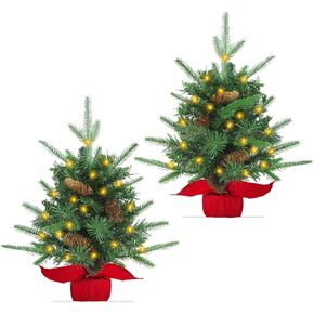 2 Pack 40 LED Realistic-Feel Mini Small Christmas Tree with Lights Timer, Artificial Tabletop Christmas Tree Battery Operated Norfolk Pine PE & PVC Branch Tips Pinecone Burlap Base Xmas Decor Indoor