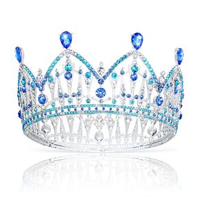 CIEHER Queen Crown for Women Princess Tiara Quinceanera Pageant Crown, Round Crystal Crown Elegant Headpiece for Birthday Prom - Silver & Blue