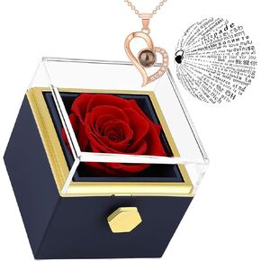 Preserved Real Rose Rotate Box with I Love You Necklace in100Languages-Eternal Flowers Rose Romantic Gifts for Mom Wife Girlfriend daughter for Valentines Day Christmas Birthday (Sapphire Blue)