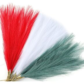 YLOLUL 36 Pcs Christmas Colored Faux Pampas Grass 21.6 Inch Red Green White Artificial Pompous Grass Small Flower Arrangement Vase Filler Xmas Fake Pampas Stems for Home Table Decoration
