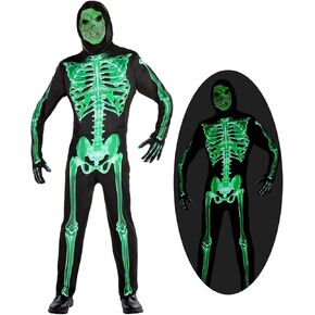 Adult Skeleton Costume Glow in the Dark Skeleton Jumpsuit with Hooded Cosplay Halloween Costumes