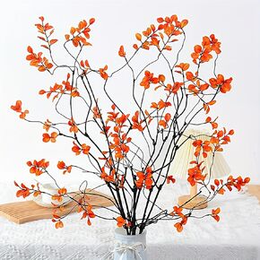 4PCS Faux Fall Plant Stems and Branches for Vase,Fall Ficus Branches,Artificial Tree Branches Ficus Tree Plants Leaves for Home, Office, Banquet Decor (Orange)