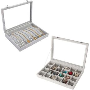 Wudygirl Ice Velvet Jewelry Organizer Tray with Lid Earring Necklace Organizer Jewelry Display Case for Women Girl（30Grid+Necklace）