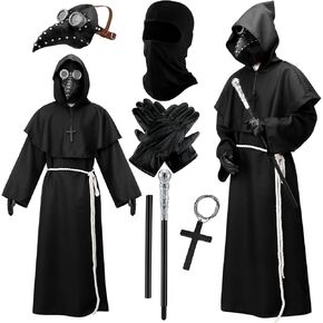 Hercicy 8 Pcs Plague Doctor Mask Costumes Set Balaclava Face Mask, Beak Ghost Mask, Monk Robe, Black Cane, White Rope, Hooded Cloak, Gloves and Cross Necklace for Halloween Cosplay