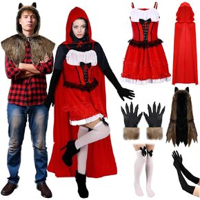 Halloween Hood Costume for Women Men Red Dress with Cape Gloves Stockings Wolf Tunic with Gloves for Party Cosplay