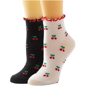 Cute Strawberry Cherry Ankle Crew Cotton Socks for Women Girls Fall Kawaii Fun Aesthetic Fruit Socks