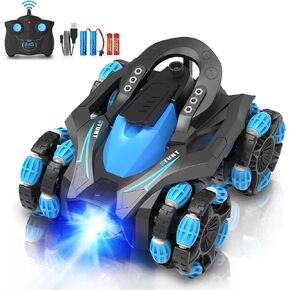 Eulogia RC Stunt Car Toys, Remote Control Quad Toy with 360-degree Rotation, Drift, Headlights, 4WD All-Terrain Driving as Boys Girls Gift for Christmas Birthday New Year (Blue)