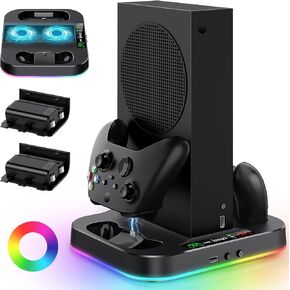 Cooling Stand for Xbox Series S with RGB Light, MENEEA Fast Charger Station with 2x1400mAH Batteries,Cooler Accessories with 3-Speed Adjustable Fan, Dual Charger Dock, 15 Light Modes, 2.0 USB Port