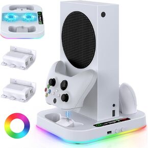 حامل تبريد لجهاز Xbox Series S مع ضوء RGB، محطة شحن سريع مينيا مع بطاريتين 1400 مللي امبير في الساعة، ملحقات تبريد مع مروحة قابلة للتعديل بثلاث سرعات، قاعدة شحن مزدوجة، 15 وضع إضاءة، منفذ USB 2.0 in Kuwait