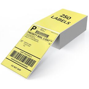Yellow Shipping Thermal Labels 4 x 6 Inch Vinyl Self-Adhesive Fanfold Direct Stickers Waterproof Perforated Printer Decal for Office Warehouse Home Address 250 PCS