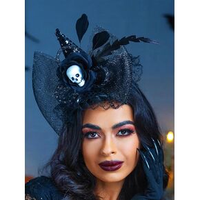 Urieo Gothic Skull Headband Halloween Witch Hat Headbands Black Big Bow Hairband with Feather Cosplay Dress Up Masquerade for Women