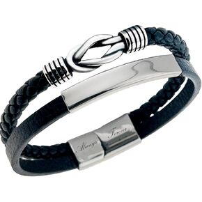 Matty's Charms Men's Knot Bracelet, 2 Strands, Black Leather Braids, Stainless Steel Infinity, Engraved Bar, Always and Forever Clasp