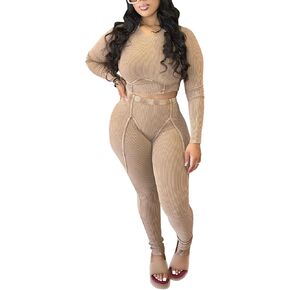 Ecirod Womens Sets Casual Ribbed 2 Piece Outfits Long Sleeve Crewneck Crop Tops High Waisted Leggings Set Sweatsuit