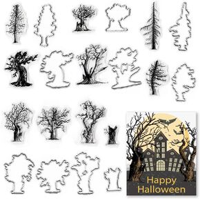 Halloween Trees Clear Stamps and Dies for Card Making, Scary Trees Background Rubber Stamps Fall Winter Tree Frame Cutting Dies Sets for Scrapbooking Journaling Crafts Supplies