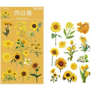 2 Sheets Yellow Sunflower Green Leaf Stickers Transparent Vintage Flower Decals for Journal Crafts Cars Envelopes Water Bottles Cups Windows Tumblers Planner Scrapbooking