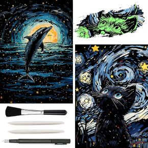 2 Pack Night Glow Scratch Art Rainbow Painting Paper, Magic Glow-in-the-Dark Scraping, Van Gogh Style Creative Craft Set, Fun DIY Toy Sketch Card Scratchboard for Kids, Adults (Amusement Park/Castle)