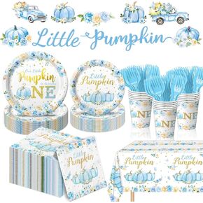 Little Pumpkin First Birthday Decorations - Little Pumpkin is Turning One Decorations Set Includes Plates, Napkins, Cups, Forks, Tablecloth, Banner fo Boy Pumpkin Birthday Decorations, Serves 24