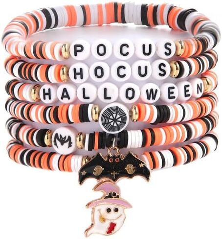 Pingyongchang Halloween Stackable Bracelets for Women Preppy Heshi Sufer Bracelet Boho Handmade Elastic Bracelets HOCUS POCUS SPOOKY for Women Vsco Clay Polymer Beads Party Favors Gift-Orange Black in Saudi Arabia