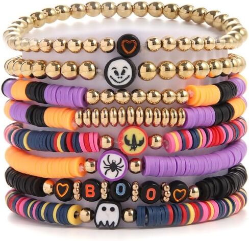 Pingyongchang Halloween Stackable Bracelets for Women Preppy Heshi Sufer Bracelet Boho Handmade Elastic Bracelets HOCUS POCUS SPOOKY for Women Vsco Clay Polymer Beads Party Favors Gift-Orange Black in Saudi Arabia