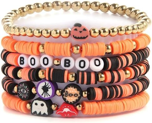 Pingyongchang Halloween Stackable Bracelets for Women Preppy Heshi Sufer Bracelet Boho Handmade Elastic Bracelets HOCUS POCUS SPOOKY for Women Vsco Clay Polymer Beads Party Favors Gift-Orange Black in Saudi Arabia
