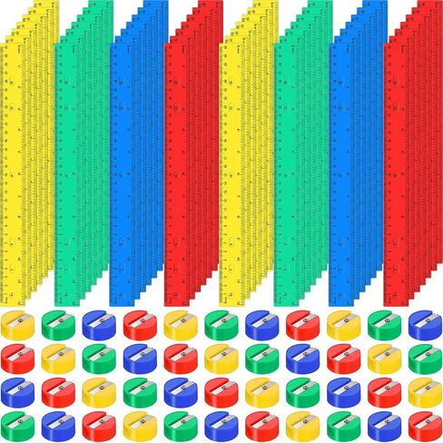 PerKoop 200 Sets School Supplies Set 200 Pcs Mini Round Manual Pencil Sharpener Bulk 200 Pcs 12 Inch Plastic Rulers for Back to School Kids Classroom Office Supplies, Assorted Colors(Classic Styles) in Saudi Arabia