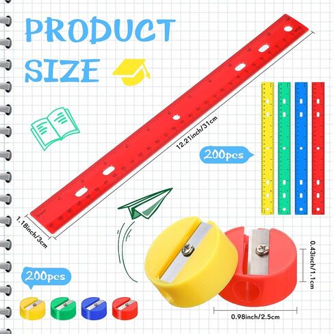 PerKoop 200 Sets School Supplies Set 200 Pcs Mini Round Manual Pencil Sharpener Bulk 200 Pcs 12 Inch Plastic Rulers for Back to School Kids Classroom Office Supplies, Assorted Colors(Classic Styles) in Saudi Arabia