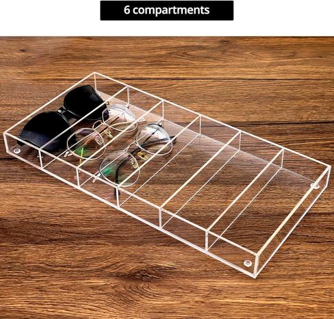 صينية عرض حامل النظارات الشمسية من الأكريليك الشفاف من QWORK مع 6 أقسام، مقاس 1.25 × 14.25 × 7 بوصة، منظم أدراج متعدد الأغراض للنظارات والمجوهرات والمكياج والمزيد in Saudi Arabia