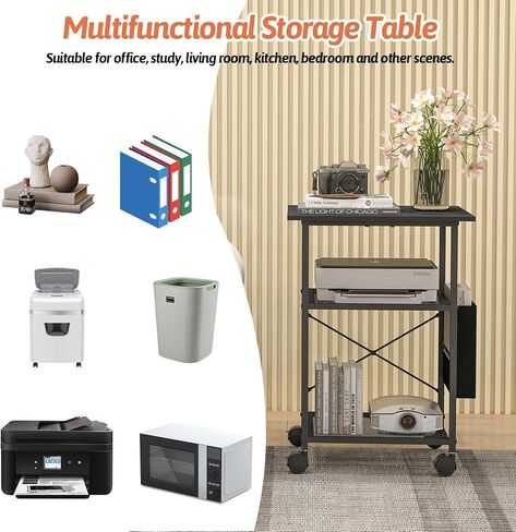 3 Tier Printer Stand,Mobile Printer Table with Lockable Wheels, Heavy-Duty Rolling Printer Cart with Storage Shelf for Most Inkjet Printers Fax Scanner Machine(Black) in Saudi Arabia