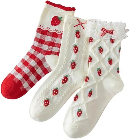 Cute Strawberry Cherry Ankle Crew Cotton Socks for Women Girls Fall Kawaii Fun Aesthetic Fruit Socks in Kuwait