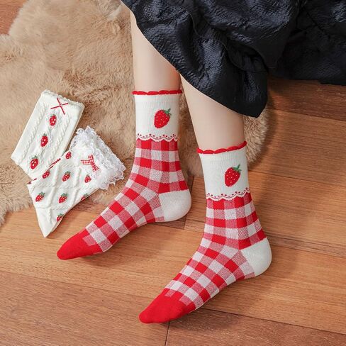 Cute Strawberry Cherry Ankle Crew Cotton Socks for Women Girls Fall Kawaii Fun Aesthetic Fruit Socks in Kuwait