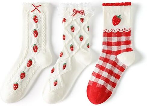 Cute Strawberry Cherry Ankle Crew Cotton Socks for Women Girls Fall Kawaii Fun Aesthetic Fruit Socks in Kuwait