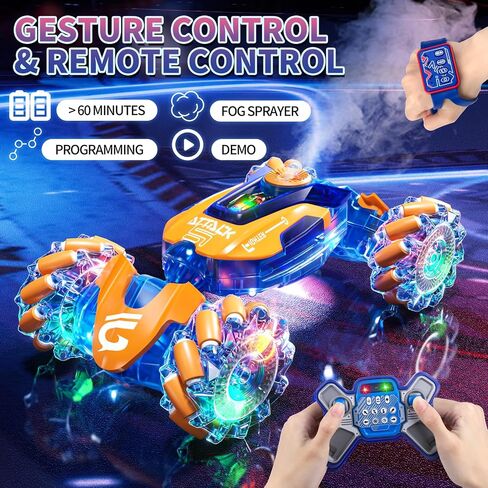 Gesture Sensing RC Stunt Car Toys for Kids, 2.4Ghz Hand Controlled Remote Control Car with LED Light and Music, 4WD Transform Off Road, Age 6 7 8 9 10 11 12 Year Old Boy Birthday Gift (Orange) in Saudi Arabia