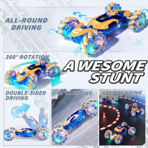 Gesture Sensing RC Stunt Car Toys for Kids, 2.4Ghz Hand Controlled Remote Control Car with LED Light and Music, 4WD Transform Off Road, Age 6 7 8 9 10 11 12 Year Old Boy Birthday Gift (Orange) in Saudi Arabia