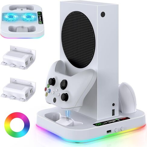 حامل تبريد لجهاز Xbox Series S مع ضوء RGB، محطة شحن سريع مينيا مع بطاريتين 1400 مللي امبير في الساعة، ملحقات تبريد مع مروحة قابلة للتعديل بثلاث سرعات، قاعدة شحن مزدوجة، 15 وضع إضاءة، منفذ USB 2.0 in Kuwait