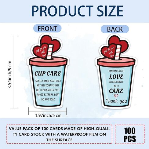 PLIGREAT 100 Pcs Tumbler Cup Cards Cup Care Instruction Heart Design Tumbler Cups Care Instruction and Thank You Cards for Small Business Online Shop Boutique Cup Shop Package Insert Cards in Saudi Arabia