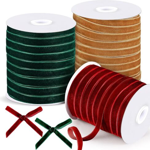 Chuangdi 3 Roll Velvet Ribbon 3/8 Inch x 50 Yards Spool Wide Single Face Ribbons 150 Yards Vintage Velvet Ribbon for Gift Wrapping Decoration Party Wedding Bow Arts Crafts(Burgundy,Green,Khaki) in Saudi Arabia