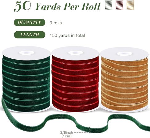 Chuangdi 3 Roll Velvet Ribbon 3/8 Inch x 50 Yards Spool Wide Single Face Ribbons 150 Yards Vintage Velvet Ribbon for Gift Wrapping Decoration Party Wedding Bow Arts Crafts(Burgundy,Green,Khaki) in Saudi Arabia
