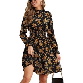 Women Long Sleeve Fall Wedding Guest Dress 2024 High Neck Flowy Smocked Dresses
