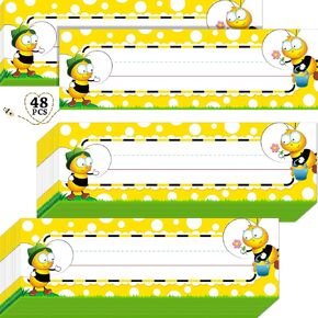 48 Pieces Bee Name Tags Bees Nameplates Bee Name Table Desk Stickers Self-Adhesive Labels Bulletin Board Classroom Decoration Stickers for School Birthday Baby Shower Back to School Party Supplies