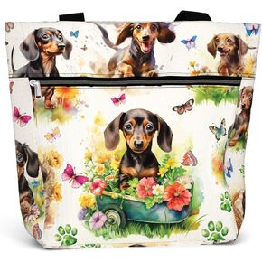 84hoods Large Waterproof Tote Bag with Pockets and Zipper for Work. Gift for Women Dachshund Lovers and Owners.