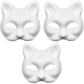 Cat Mask, 3PCS Therian Masks White Cat Masks Blank DIY Halloween Mask Animal Half Facemasks Cosplay Masks Costume Party Favors