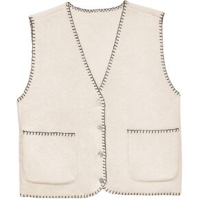 Tankaneo Womens Sherpa Fleece Vest V Neck Button Down Sleeveless Fuzzy Lightweight Fall Outerwear